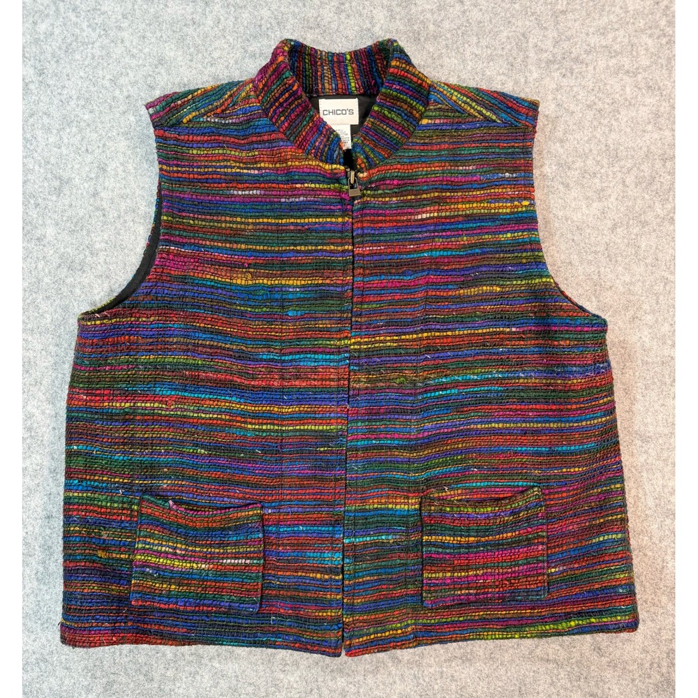 Chicos Silk Blend Rainbow Stripe Woven Zip Up Vest Mock Neck Multi Color Size 2